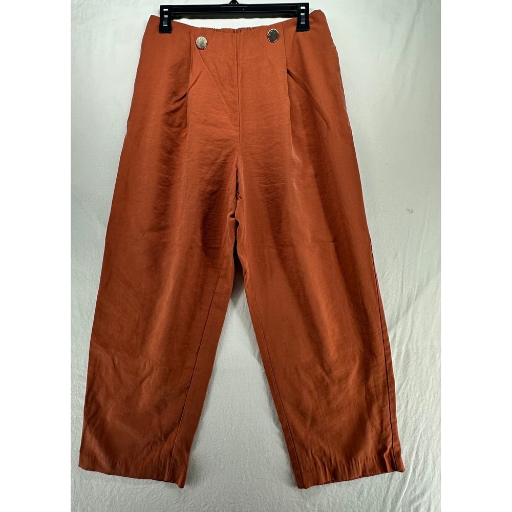 Mango MNG Womens Rust Orange Pleated High Waist Tapered Crop Pants Size M